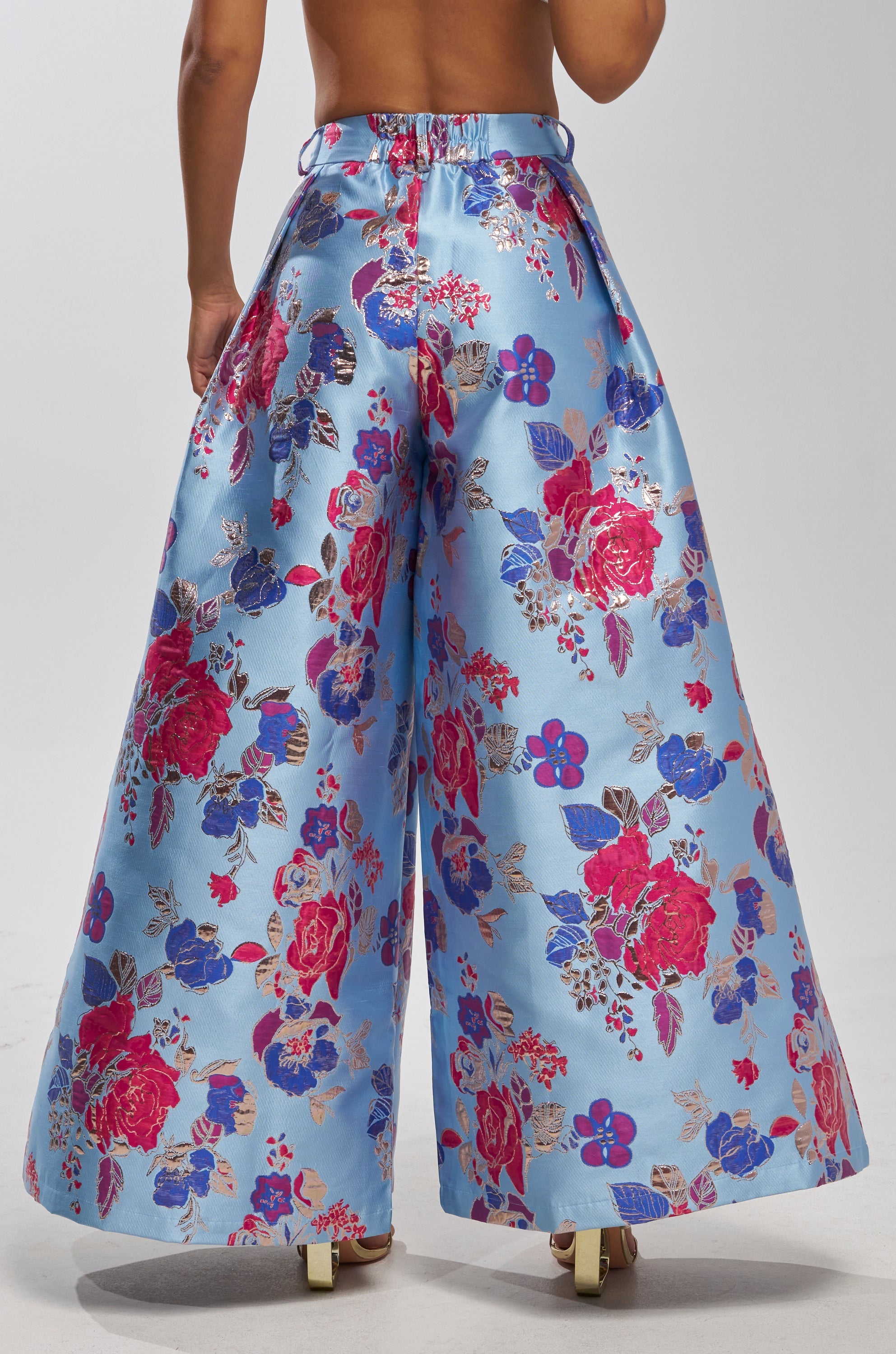 BUY MYSELF FLOWERS BROCADE TROUSER IN BLUE