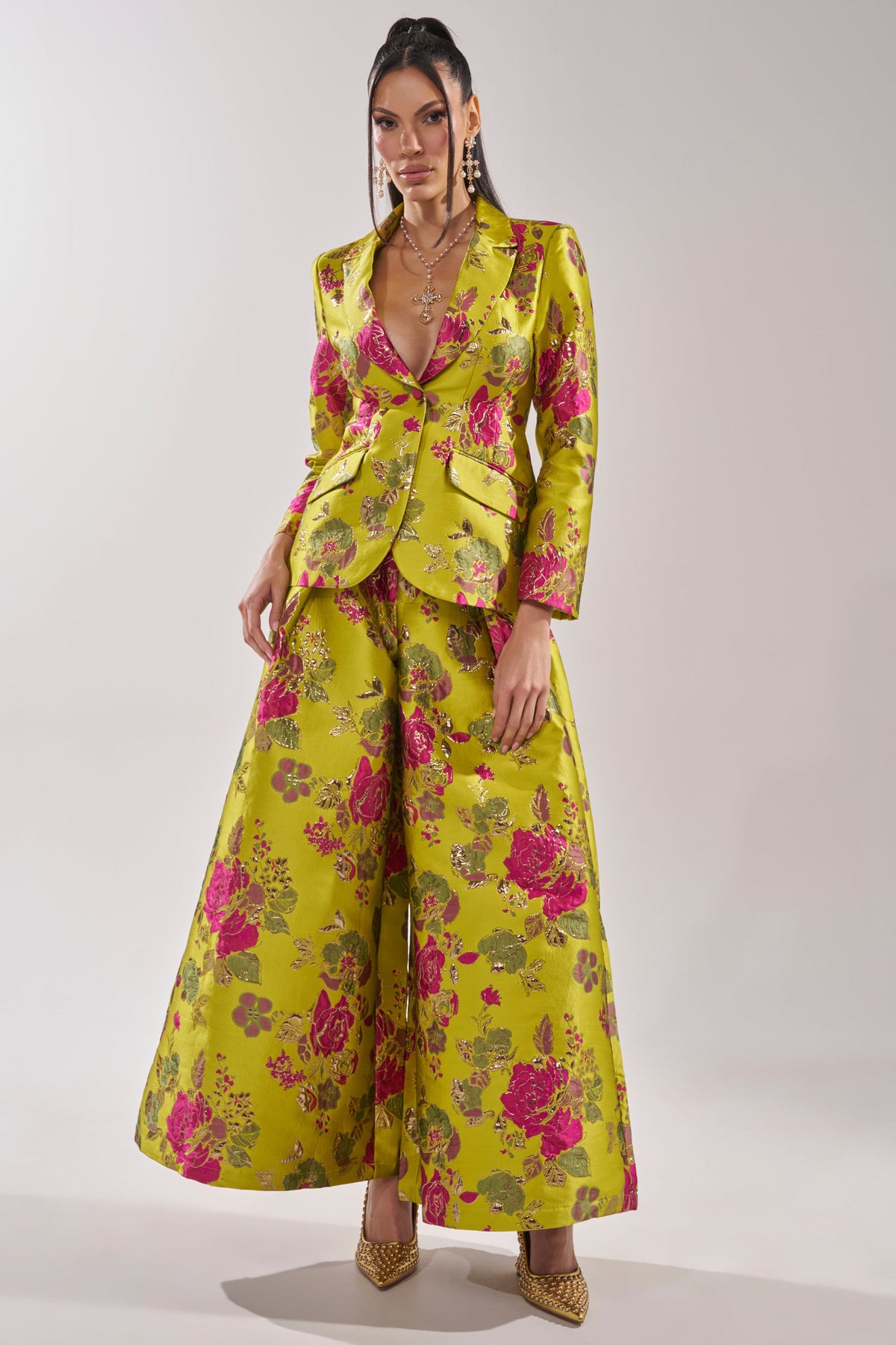 BUY MYSELF FLOWERS BROCADE TROUSER IN LIME