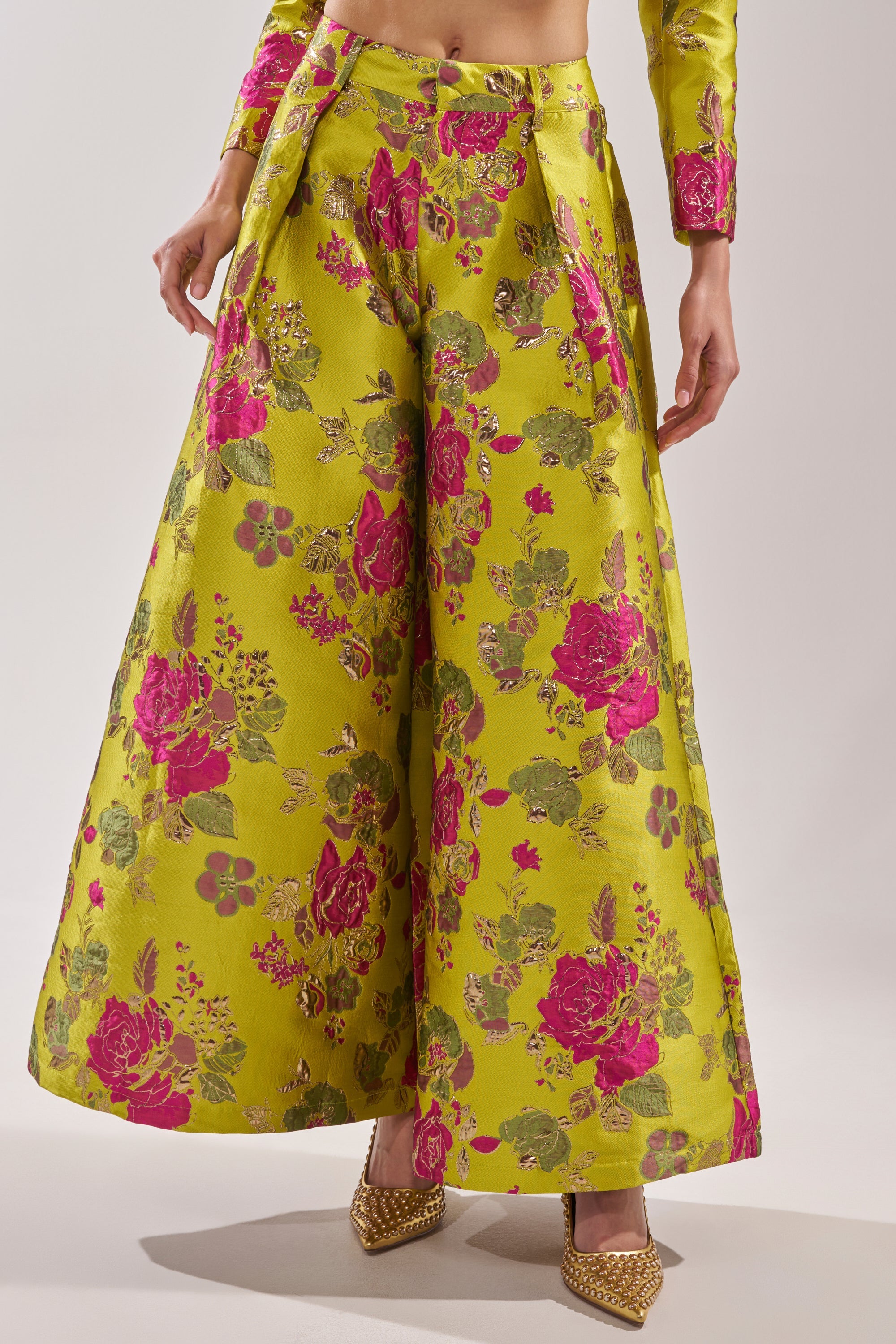BUY MYSELF FLOWERS BROCADE TROUSER IN LIME
