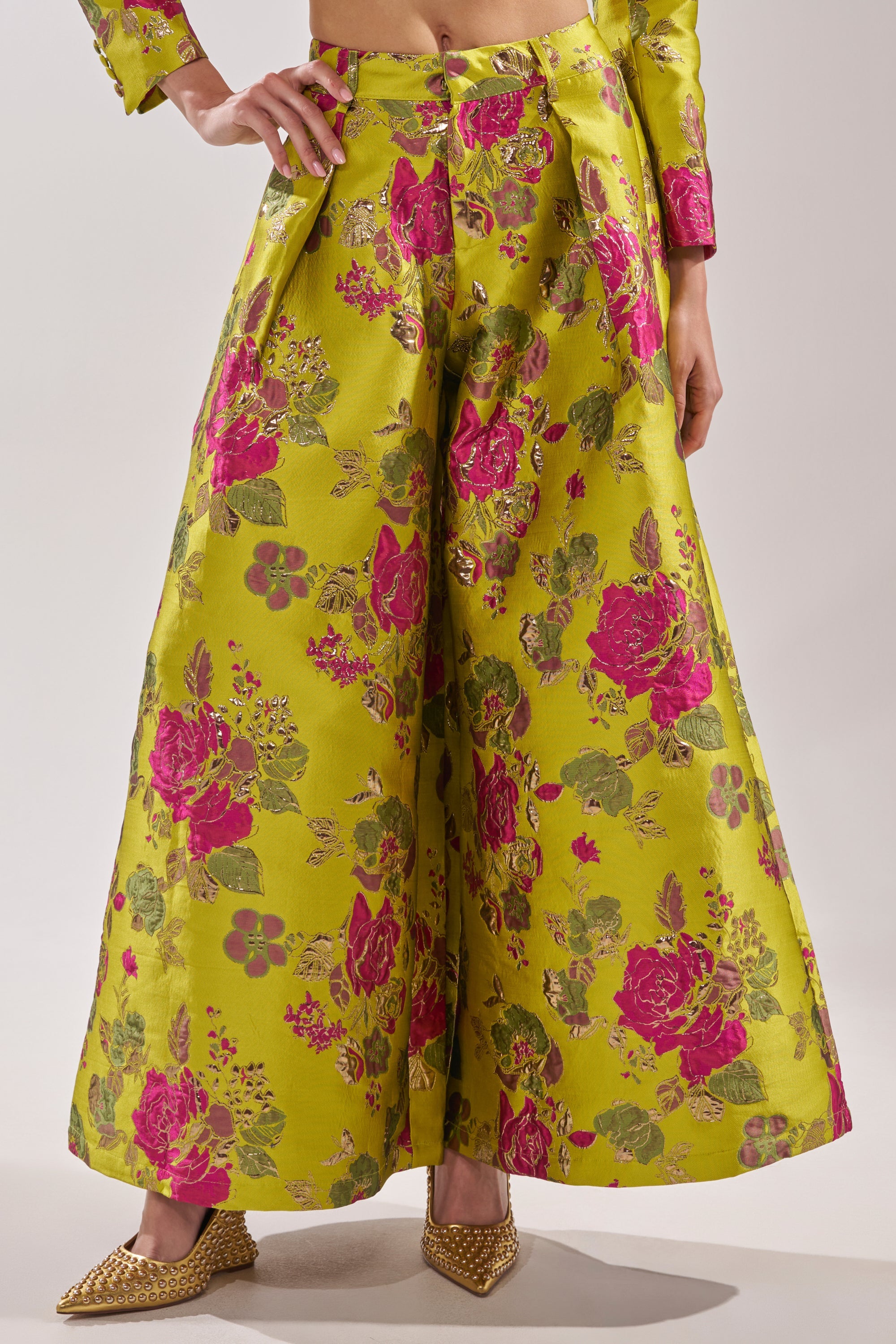 BUY MYSELF FLOWERS BROCADE TROUSER IN LIME