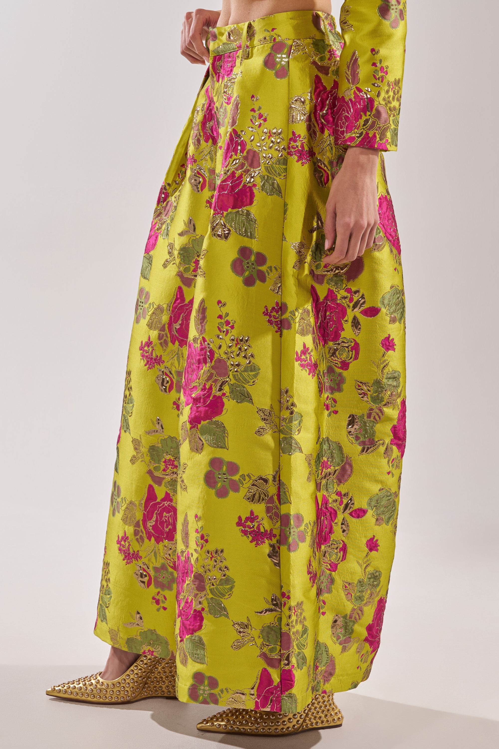 BUY MYSELF FLOWERS BROCADE TROUSER IN LIME