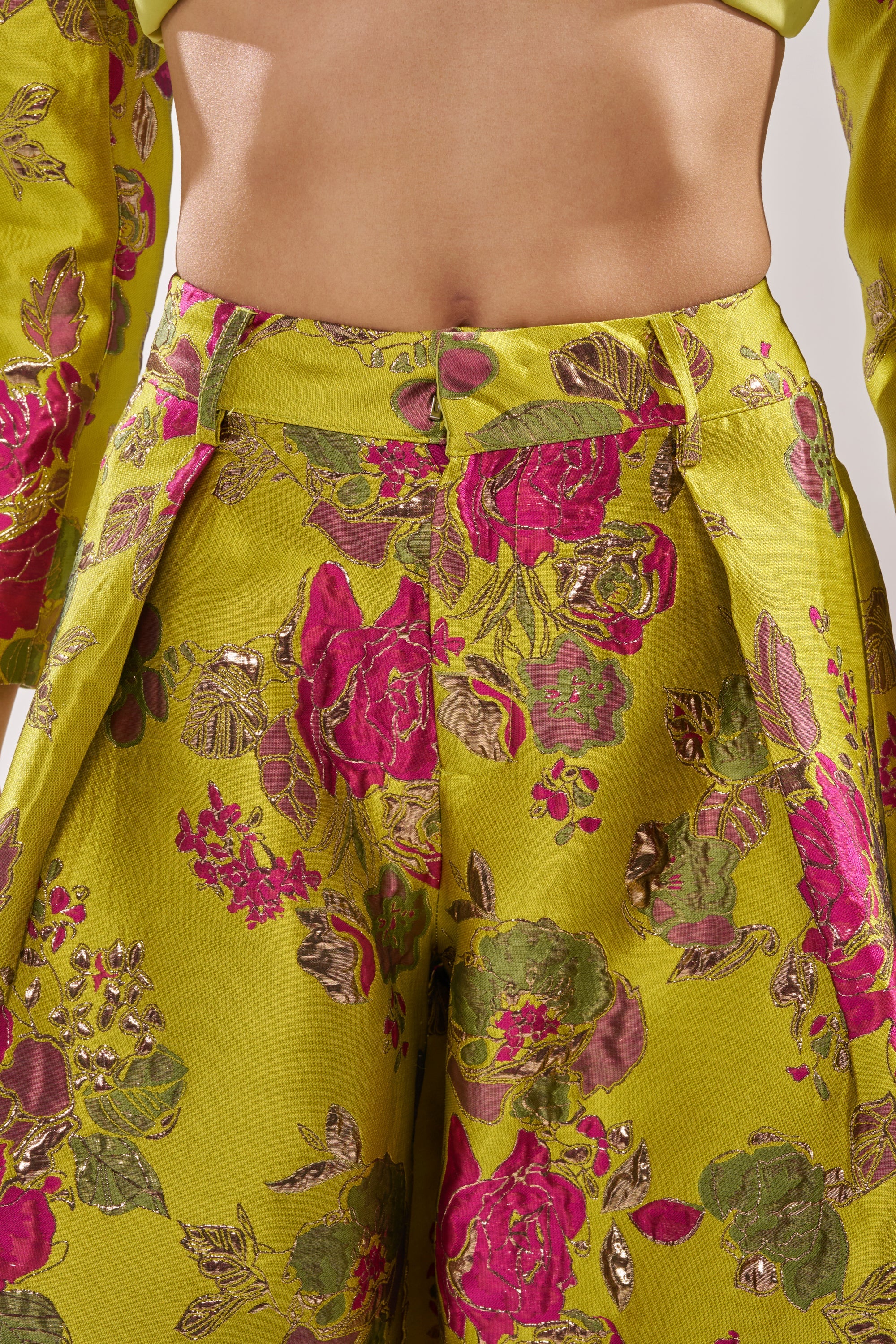 BUY MYSELF FLOWERS BROCADE TROUSER IN LIME