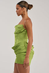 NO COMPETITION STRAPLESS SATIN MINI DRESS IN CHARTREUSE