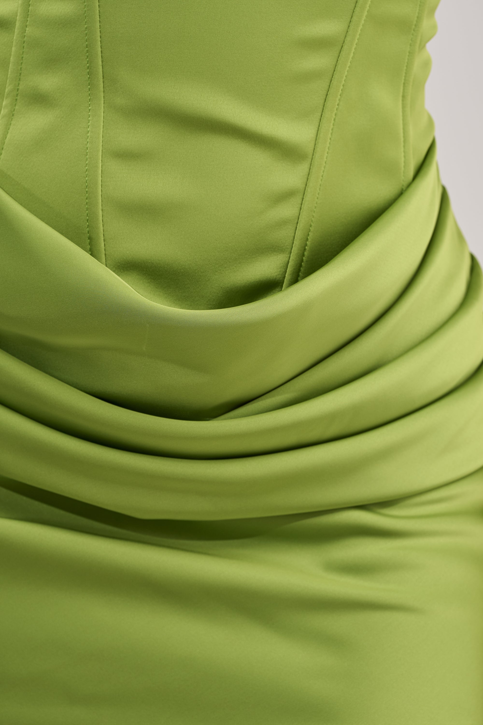 NO COMPETITION STRAPLESS SATIN MINI DRESS IN CHARTREUSE