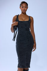 AFTER HOURS DENIM RHINESTONE MIDI DRESS IN BLACK