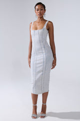 AFTER HOURS RHINESTONE MIDI DRESS IN LIGHT BLUE DENIM