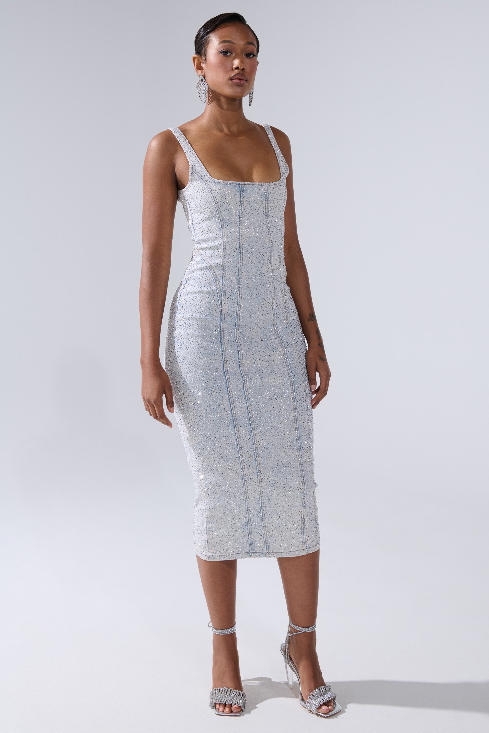 AFTER HOURS RHINESTONE MIDI DRESS IN LIGHT BLUE DENIM