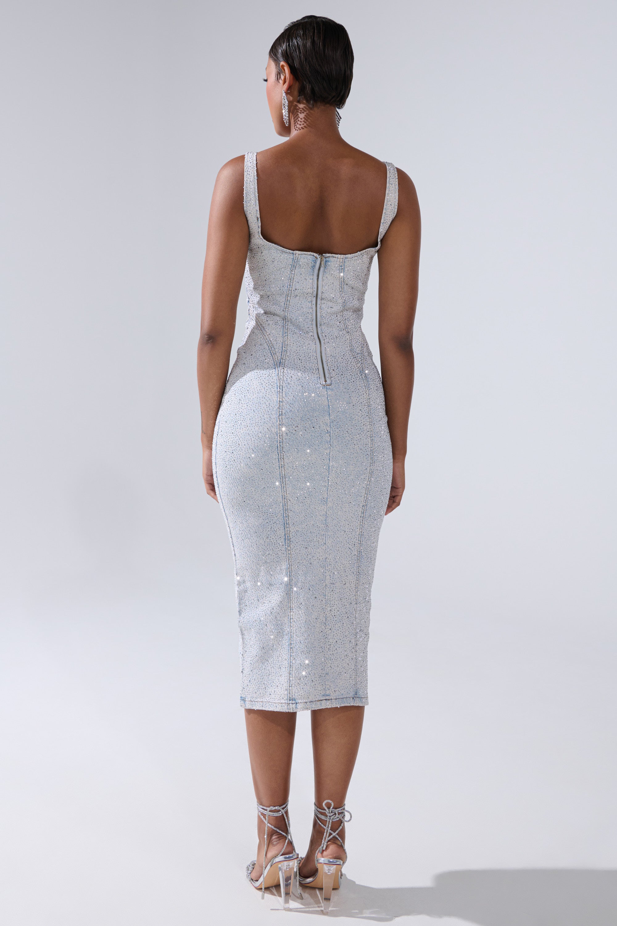 AFTER HOURS RHINESTONE MIDI DRESS IN LIGHT BLUE DENIM