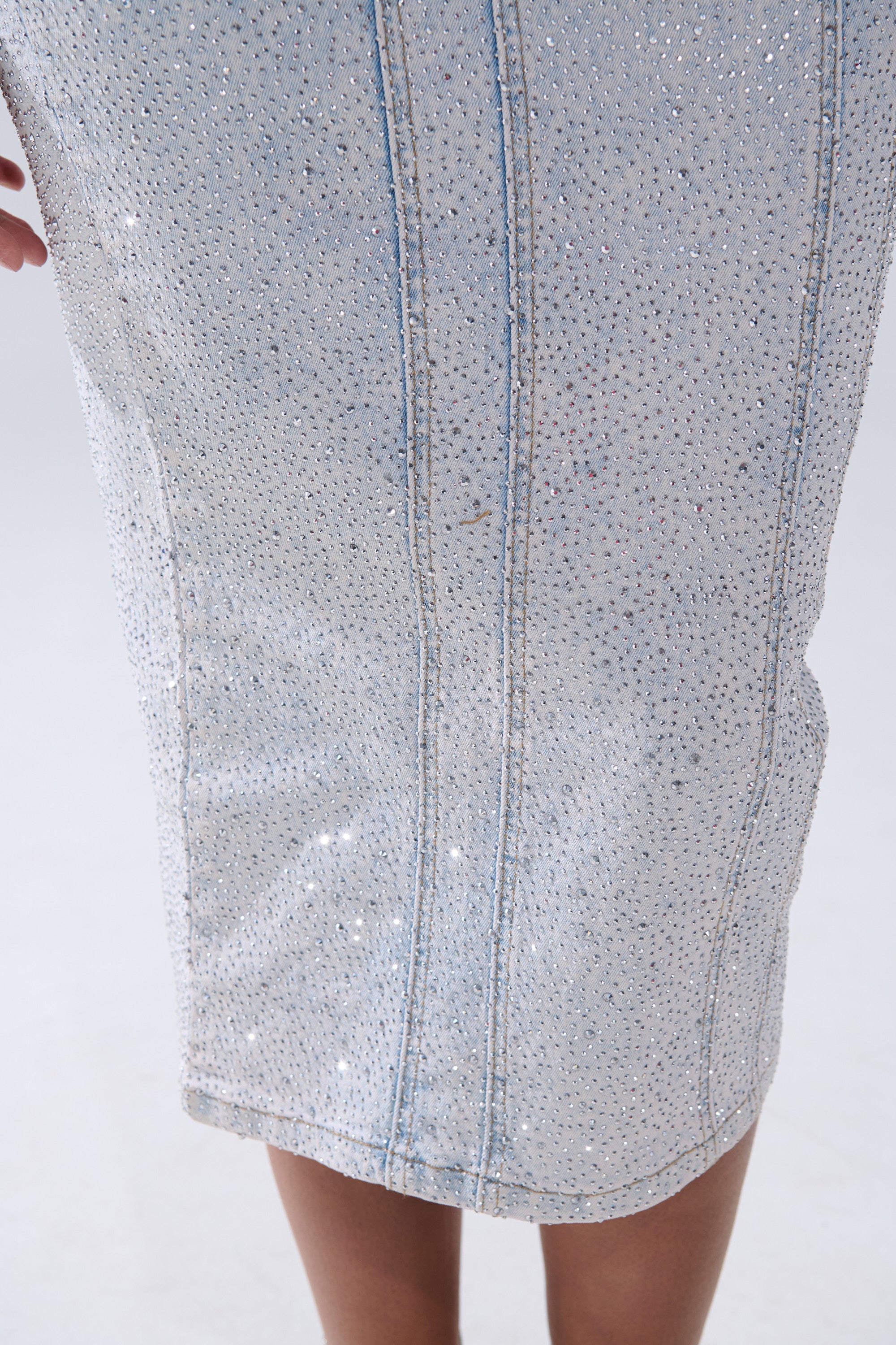 AFTER HOURS RHINESTONE MIDI DRESS IN LIGHT BLUE DENIM