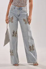 RHINESTONE BUTTERFLY CUTOUT DENIM JEANS