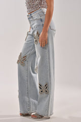RHINESTONE BUTTERFLY CUTOUT DENIM JEANS