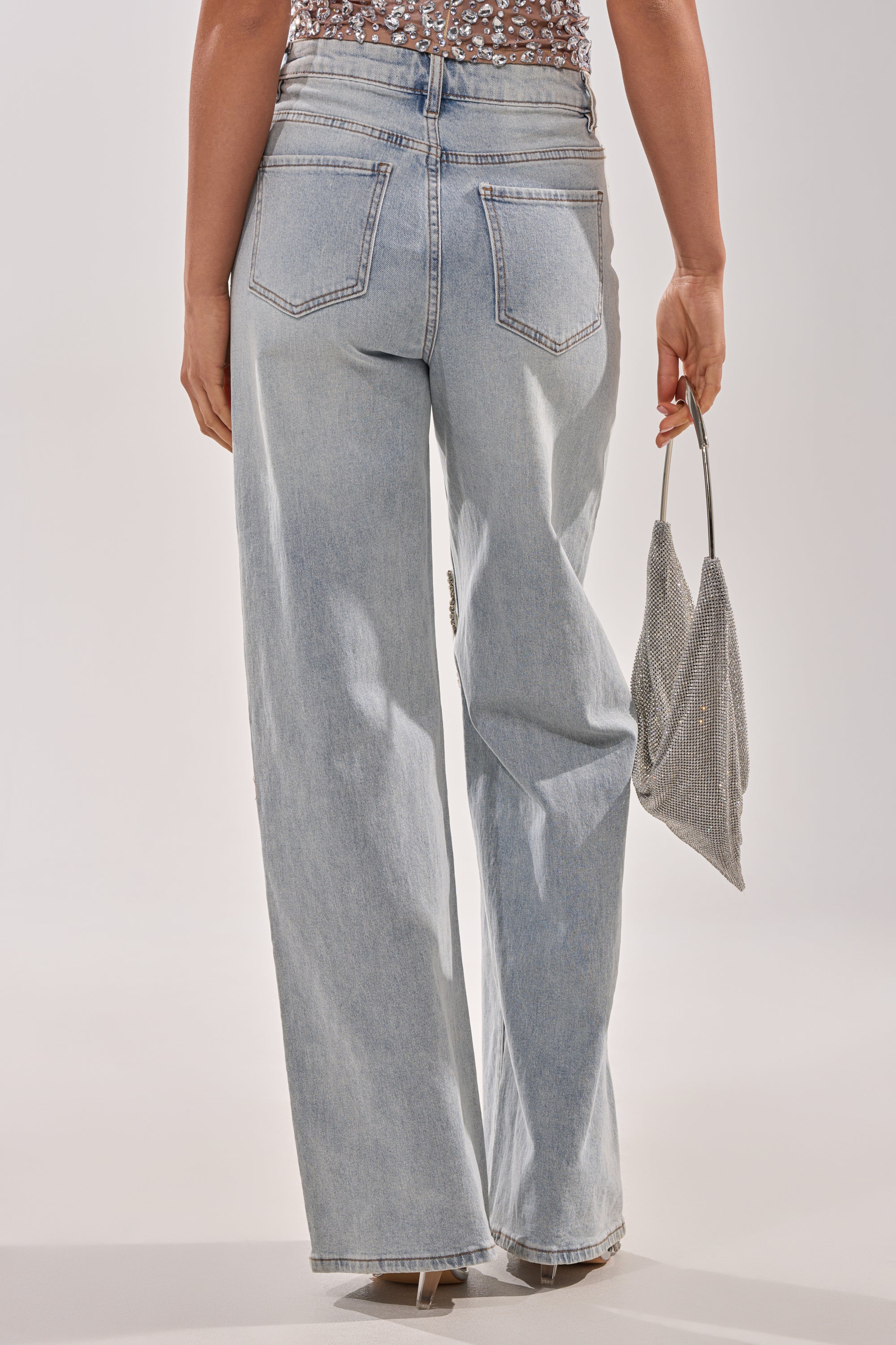 RHINESTONE BUTTERFLY CUTOUT DENIM JEANS