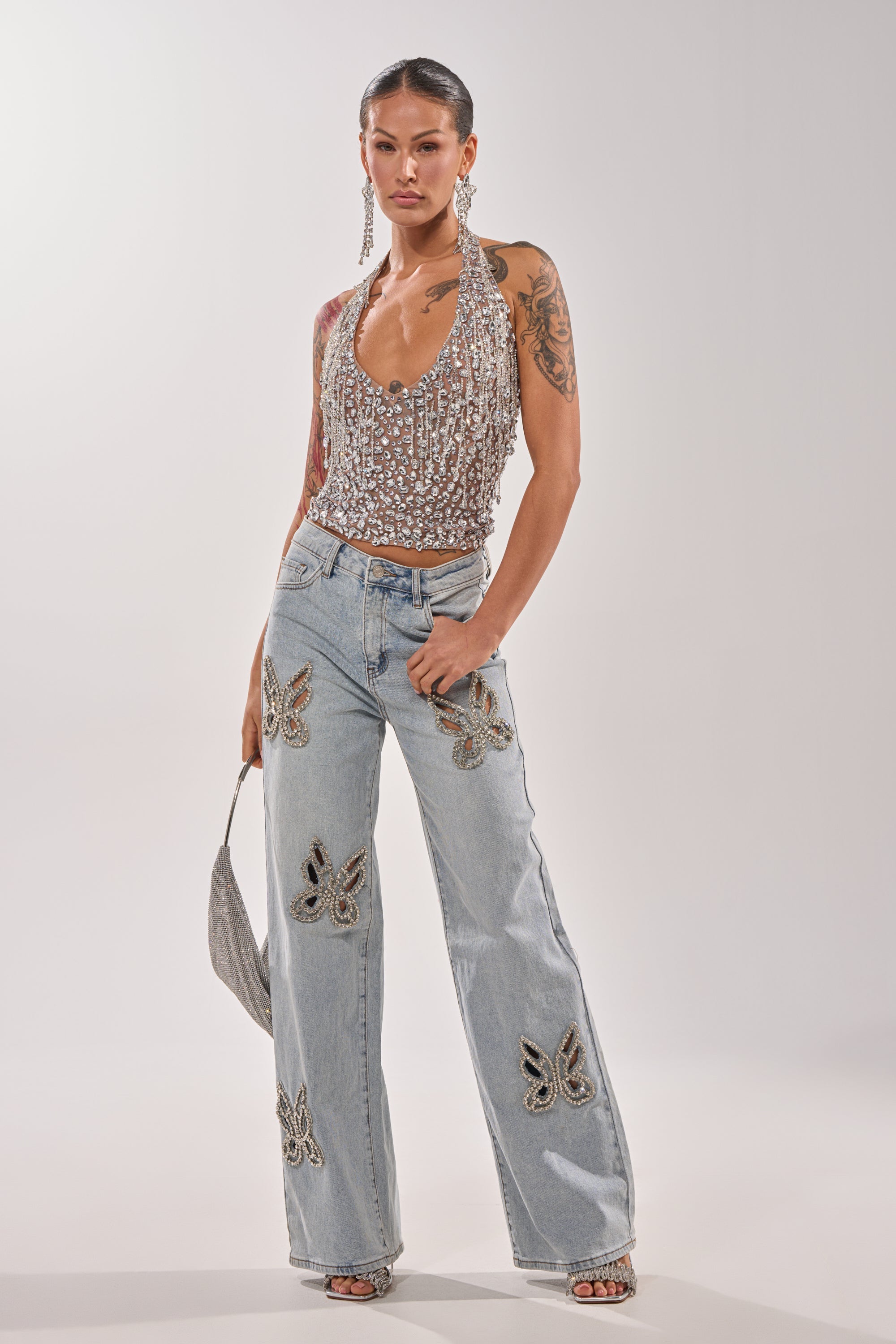 RHINESTONE BUTTERFLY CUTOUT DENIM JEANS
