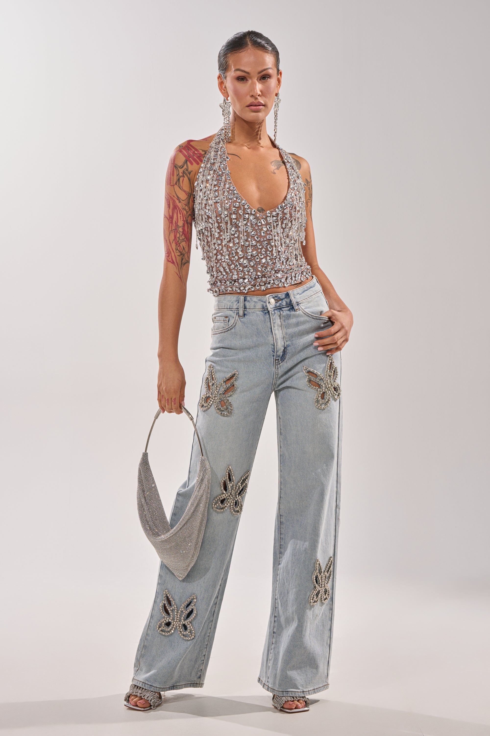RHINESTONE BUTTERFLY CUTOUT DENIM JEANS