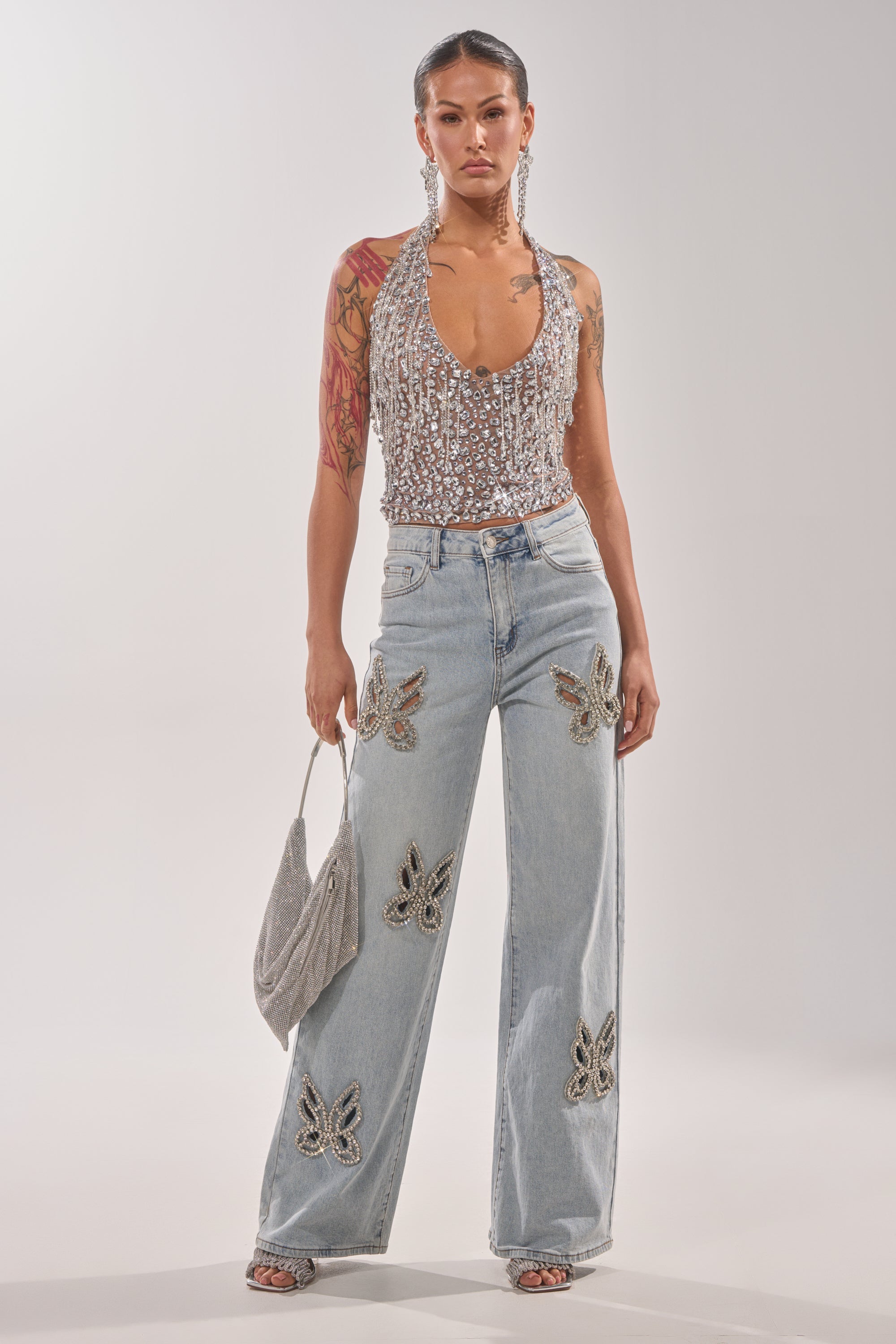 RHINESTONE BUTTERFLY CUTOUT DENIM JEANS