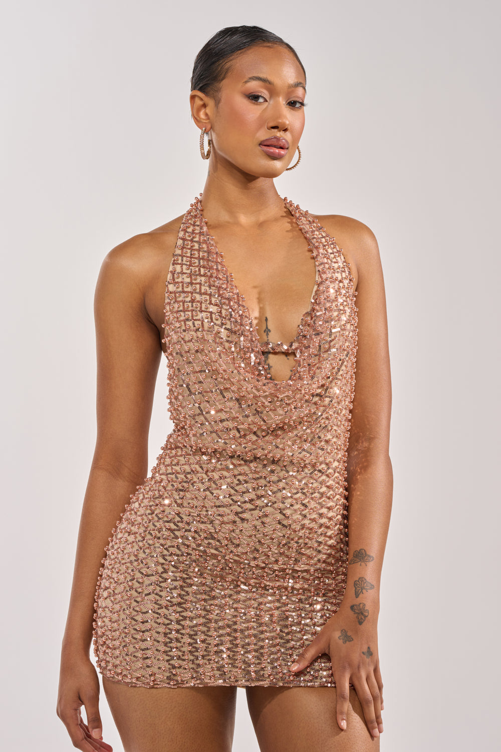 CHAMPAGNE RIOT RHINESTONE MINI DRESS