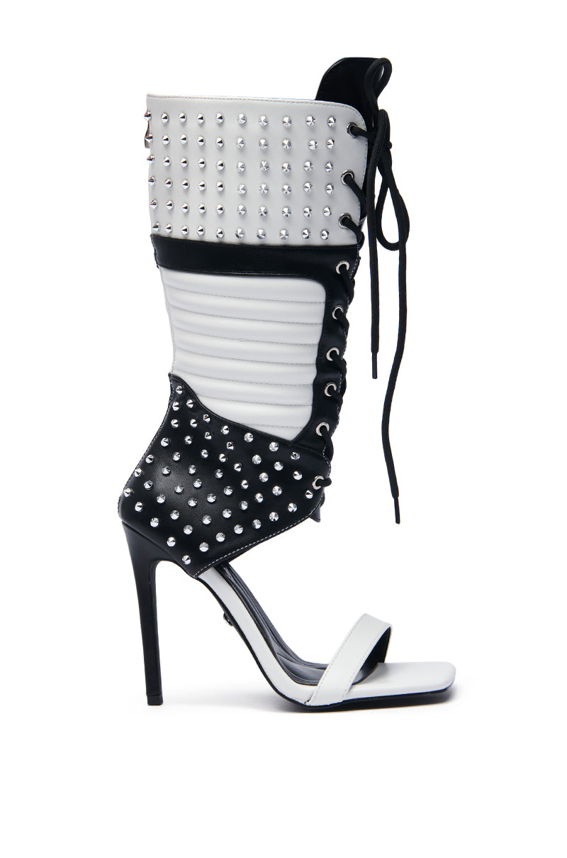 AZALEA WANG ALBERTO WHITEBLACK STUDDED OPEN TOE BOOT