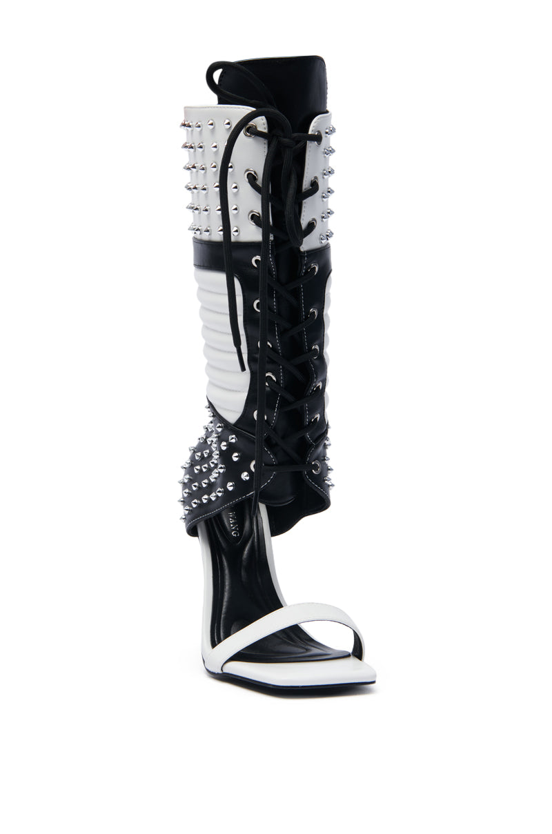 AZALEA WANG ALBERTO WHITEBLACK STUDDED OPEN TOE BOOT
