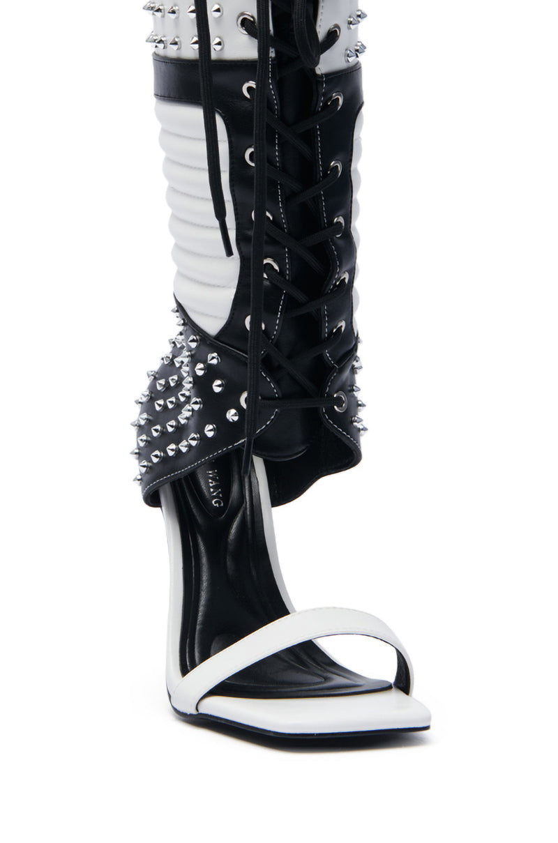 AZALEA WANG ALBERTO WHITEBLACK STUDDED OPEN TOE BOOT