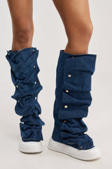 AKIRA GOLD ALIXY DENIM FLAT RUFFLE BOOT