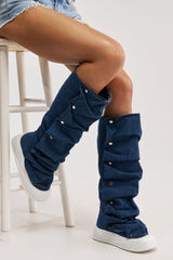 AKIRA GOLD ALIXY DENIM FLAT RUFFLE BOOT