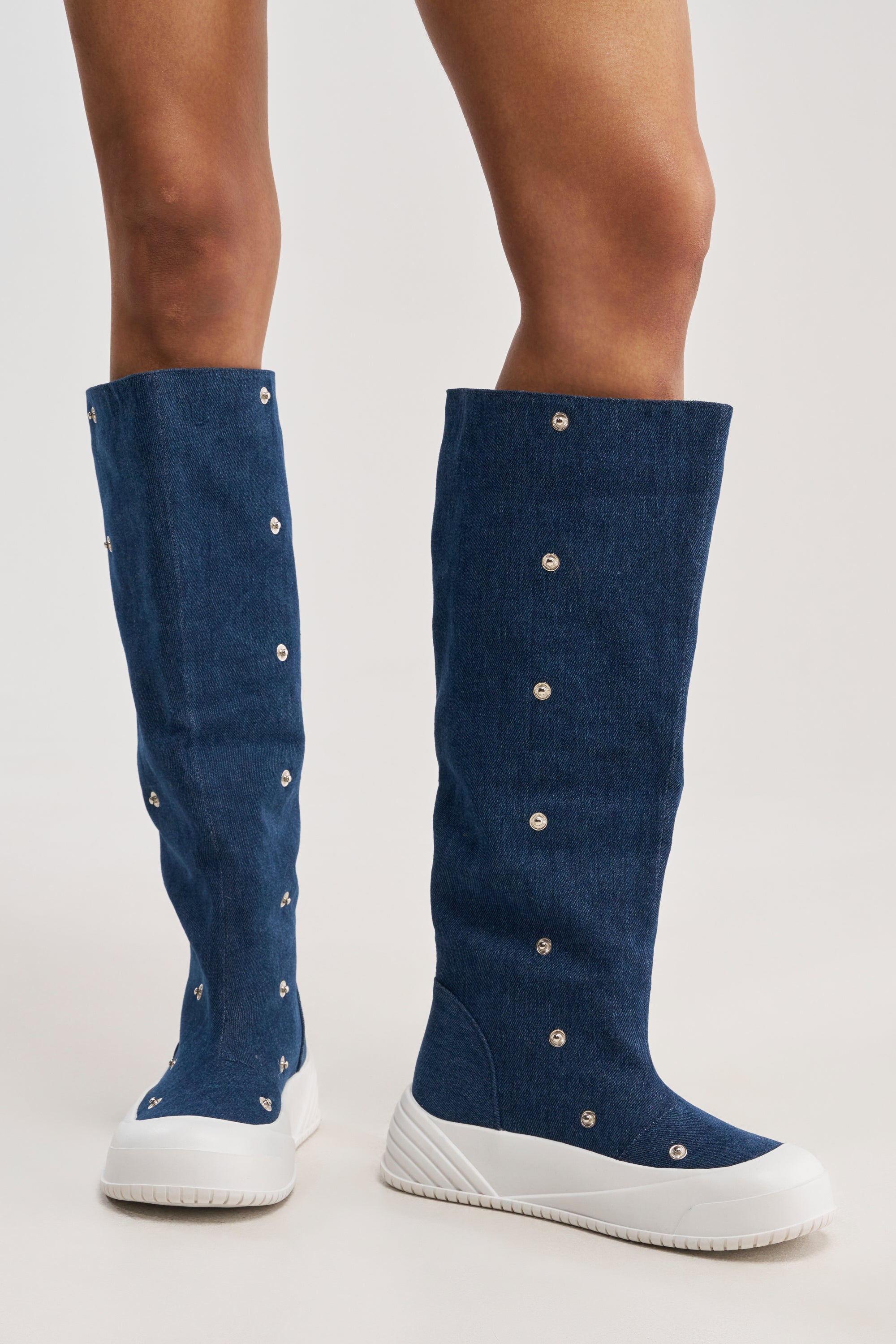 AKIRA GOLD ALIXY DENIM FLAT RUFFLE BOOT