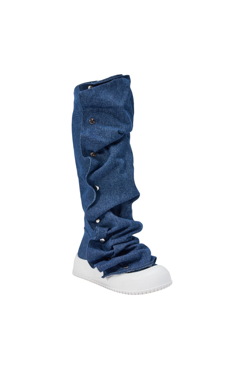 AKIRA GOLD ALIXY DENIM FLAT RUFFLE BOOT