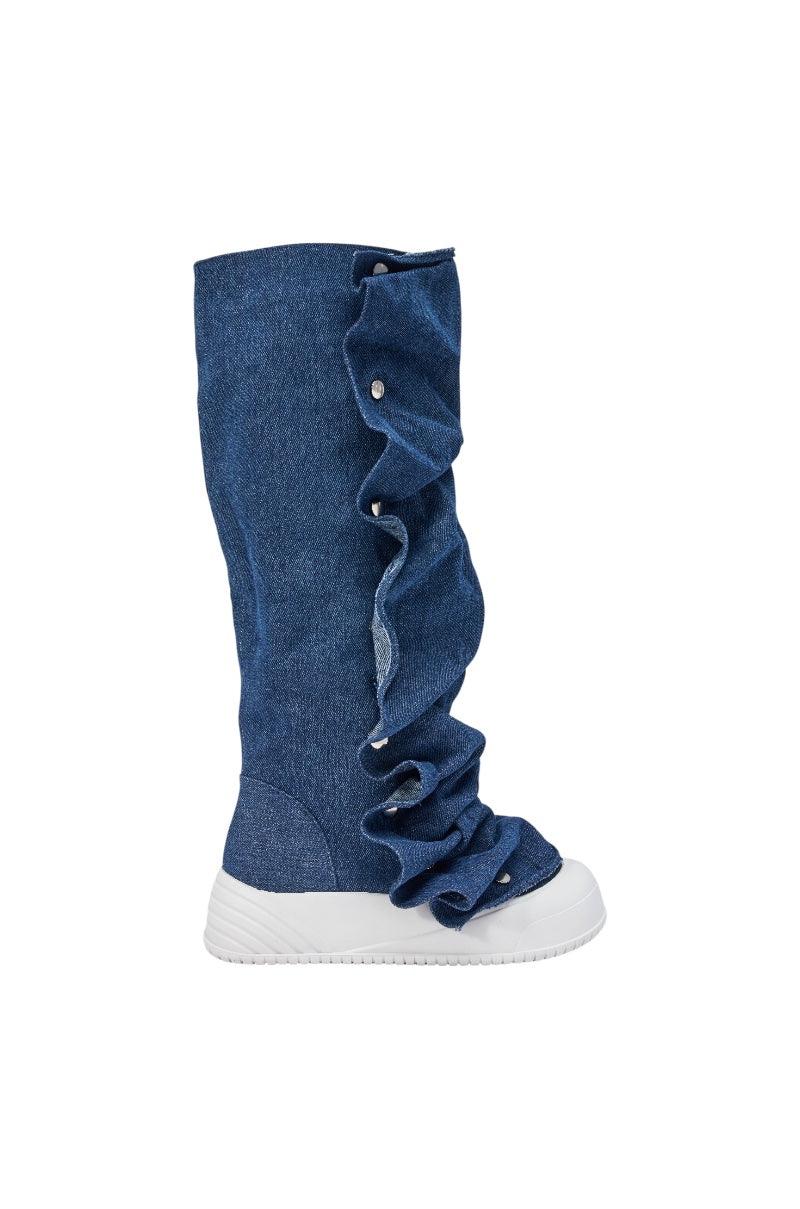 AKIRA GOLD ALIXY DENIM FLAT RUFFLE BOOT