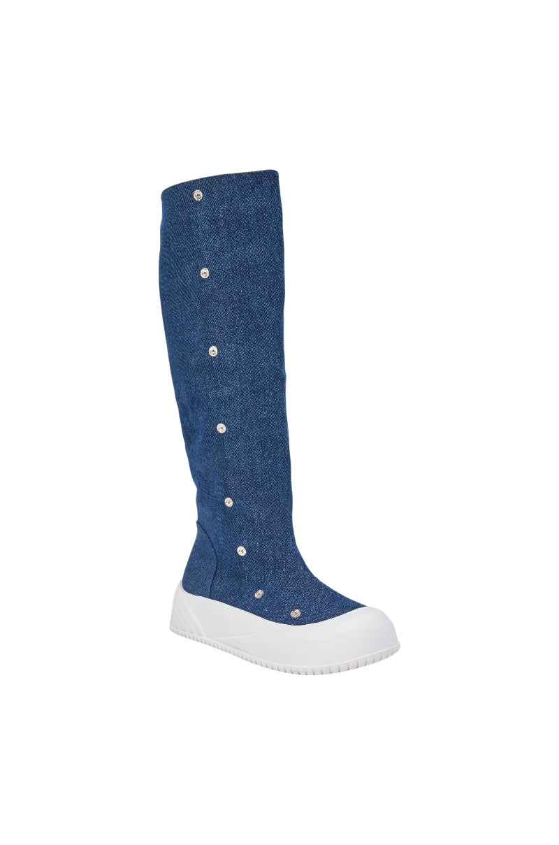AKIRA GOLD ALIXY DENIM FLAT RUFFLE BOOT