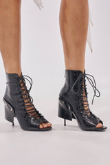 AZALEA WANG ALLURE BLACK CHUNKY LACE UPPER OPEN TOE BOOTIE
