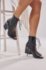 AZALEA WANG ALLURE BLACK CHUNKY LACE UPPER OPEN TOE BOOTIE