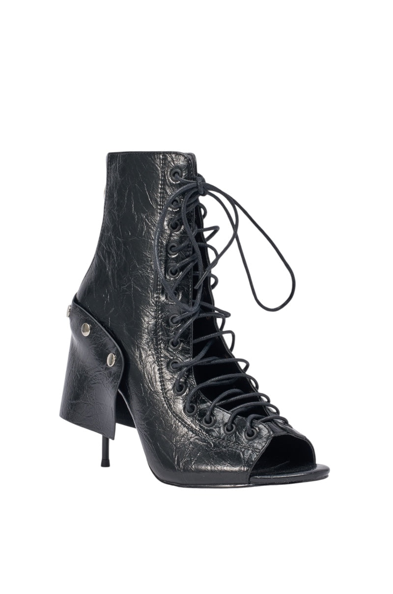 AZALEA WANG ALLURE BLACK CHUNKY LACE UPPER OPEN TOE BOOTIE