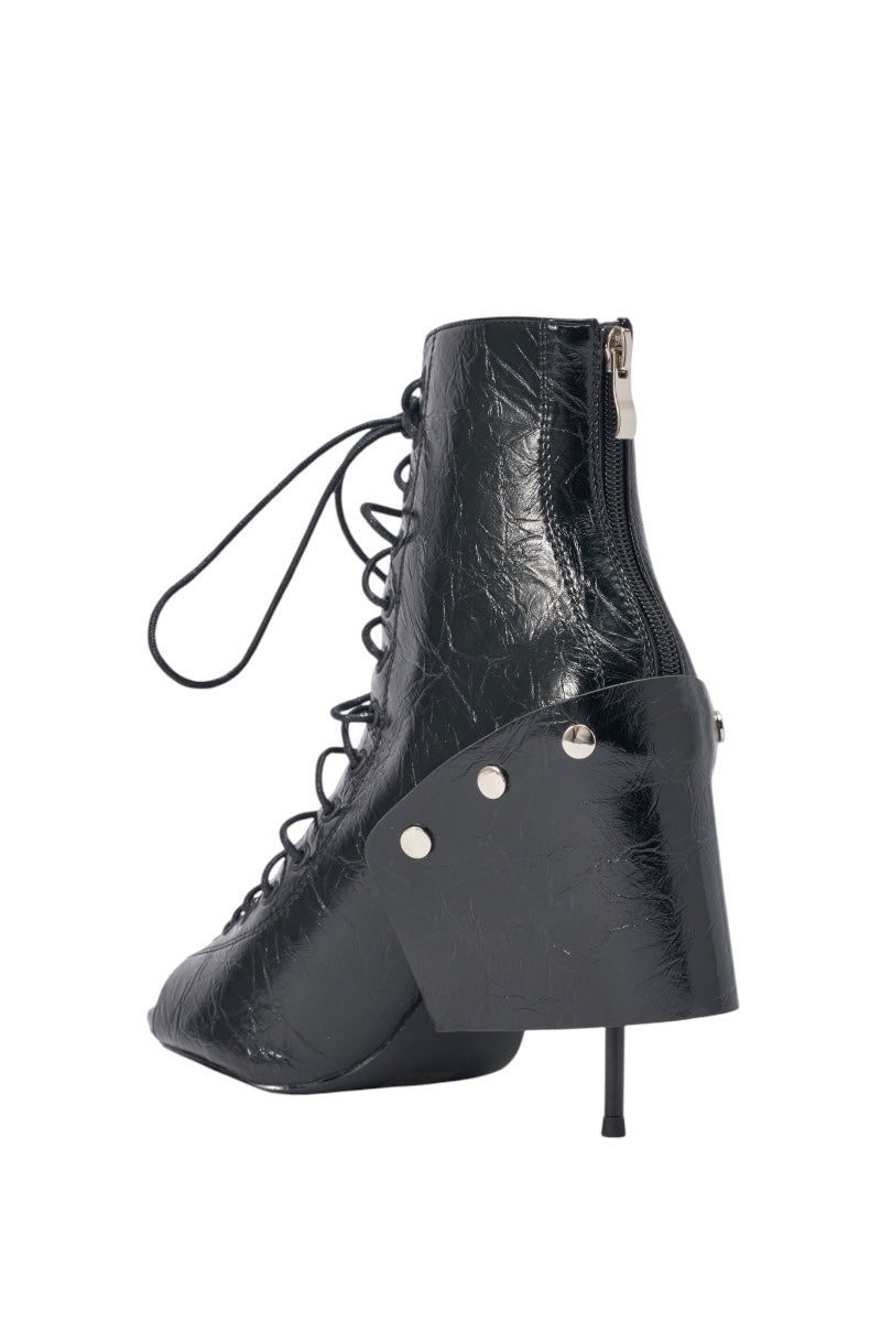 AZALEA WANG ALLURE BLACK CHUNKY LACE UPPER OPEN TOE BOOTIE