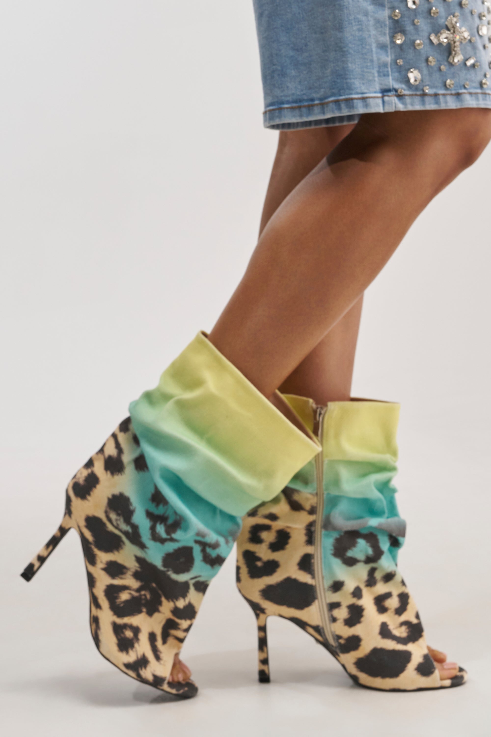 AKIRA GOLD ALMOST MULTI OMBRE LEOPARD OPEN TOE BOOTIE
