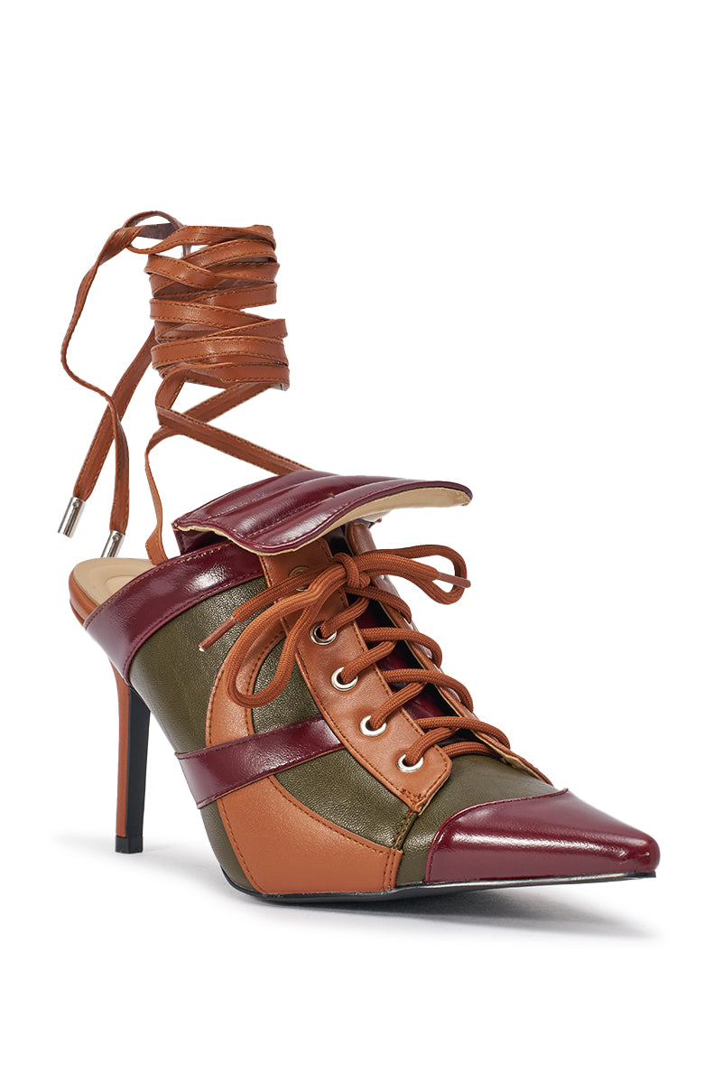 AZALEA WANG AMBRE OLIVE COLORBLOCK MULTI MULE LACE UP STILETTO PUMP