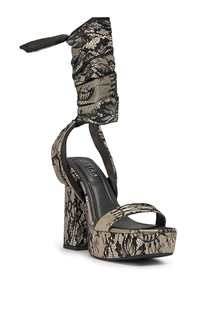 AKIRA GOLD AMBROISINE BLACK LACE STRAPPY CHUNKY SANDAL