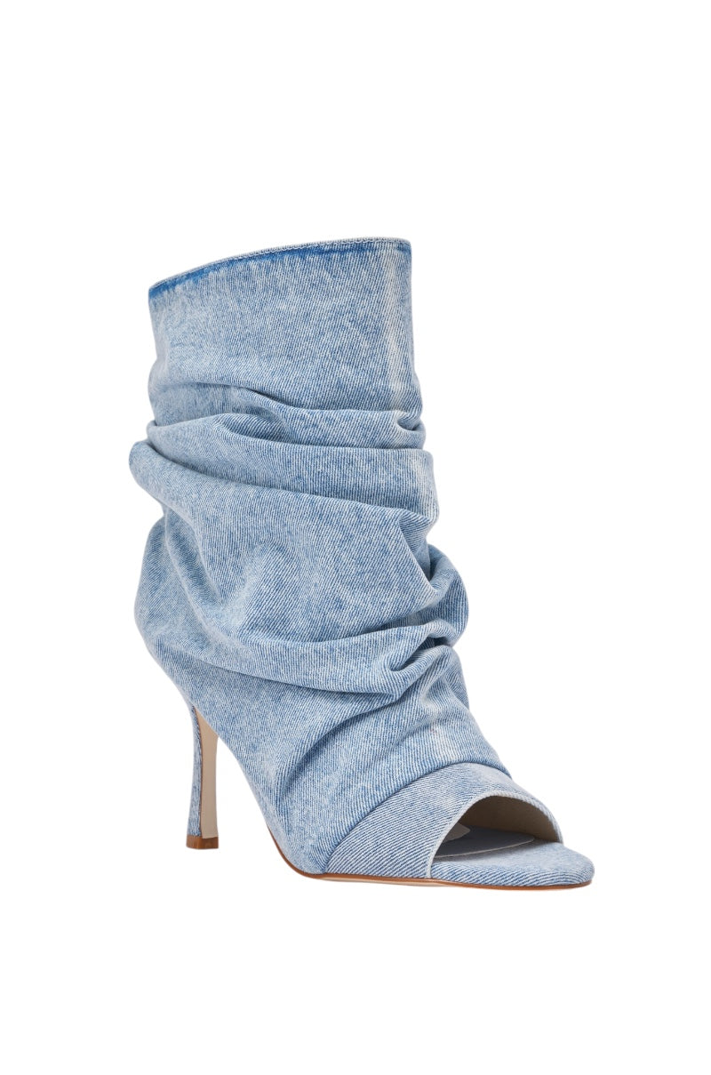 AZALEA WANG APEX DENIM RUCHED STILETTO BOOTIE