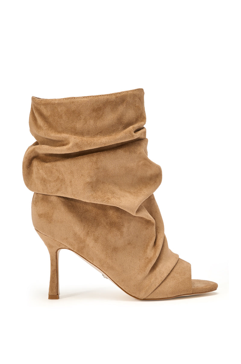 AZALEA WANG APEX LIGHT BROWN FAUX SUEDE OPEN TOE BOOTIE