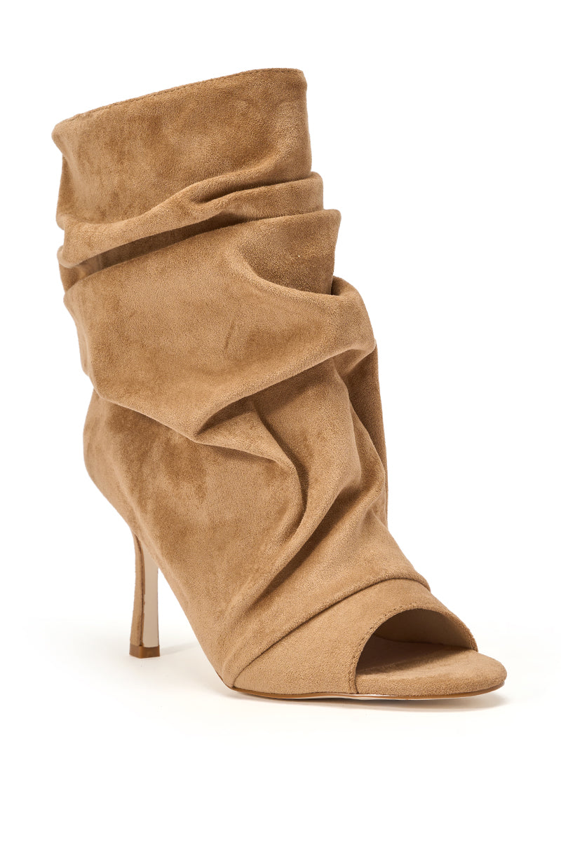 AZALEA WANG APEX LIGHT BROWN FAUX SUEDE OPEN TOE BOOTIE