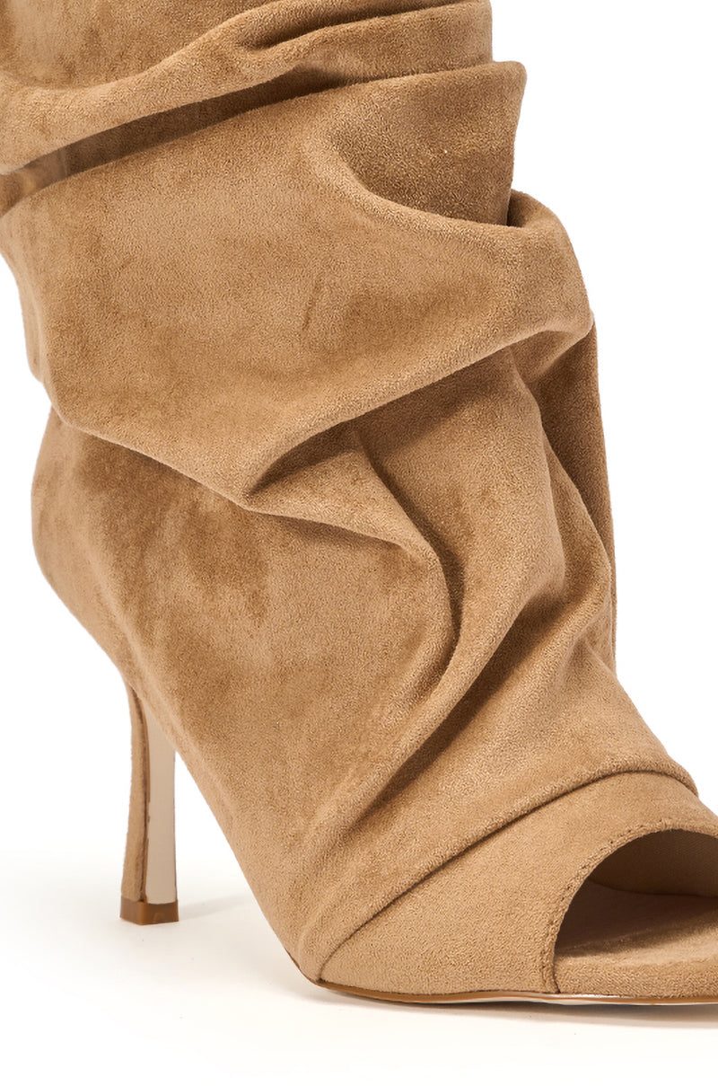 AZALEA WANG APEX LIGHT BROWN FAUX SUEDE OPEN TOE BOOTIE