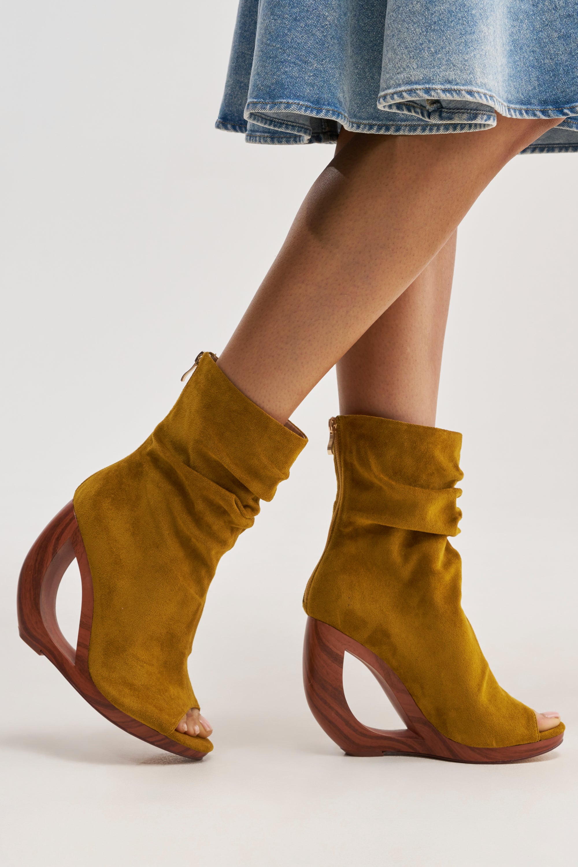 AZALEA WANG ARLO MUSTARD WEDGE OPEN TOE FAUX SUEDE BOOTIE