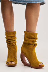 AZALEA WANG ARLO MUSTARD WEDGE OPEN TOE FAUX SUEDE BOOTIE