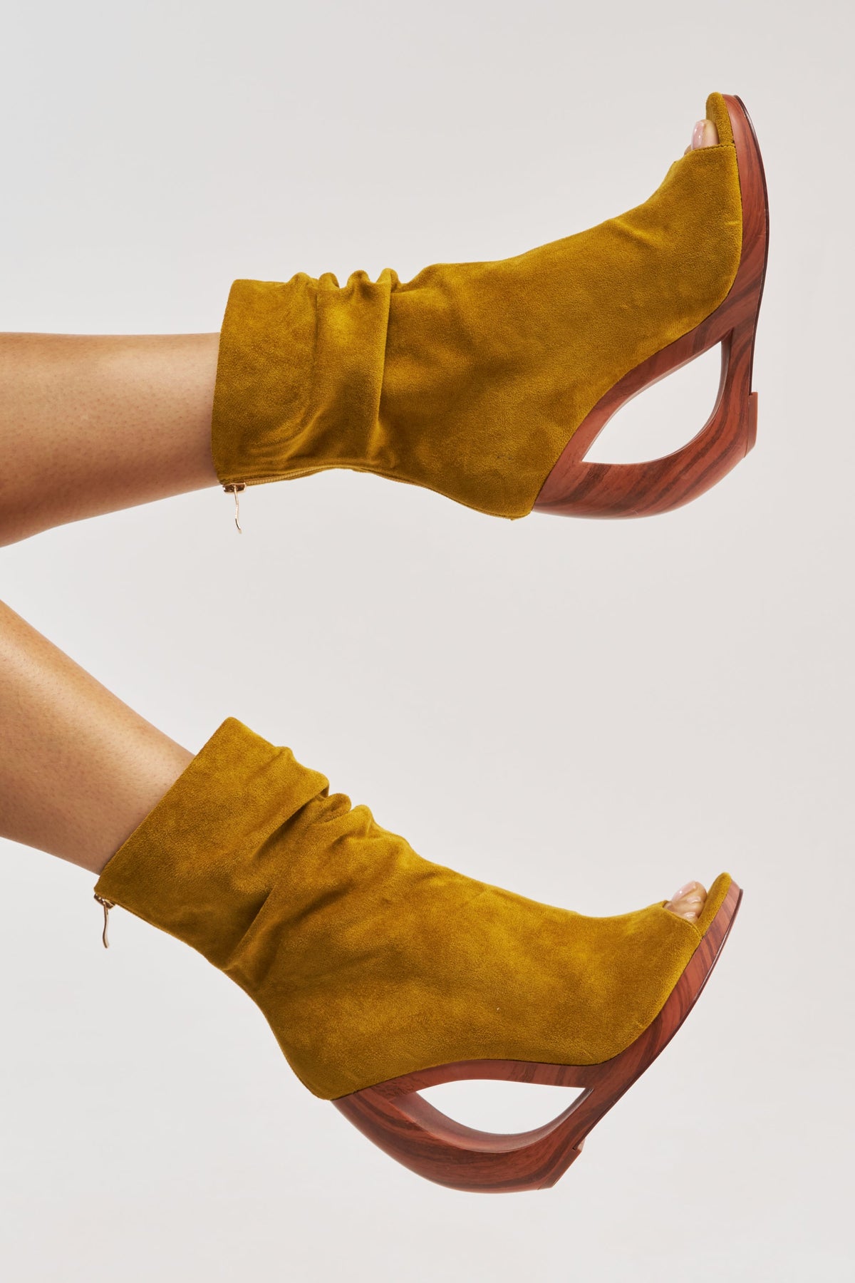 AZALEA WANG ARLO MUSTARD WEDGE OPEN TOE FAUX SUEDE BOOTIE