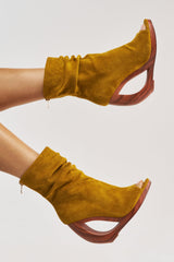 AZALEA WANG ARLO MUSTARD WEDGE OPEN TOE FAUX SUEDE BOOTIE