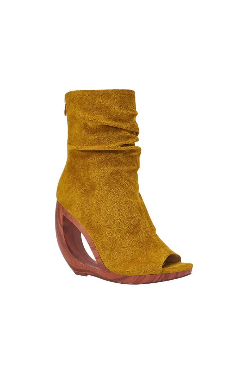 AZALEA WANG ARLO MUSTARD WEDGE OPEN TOE FAUX SUEDE BOOTIE