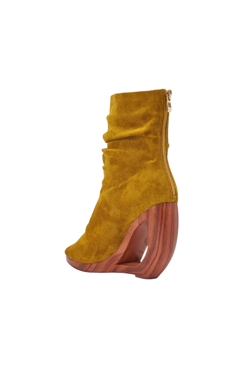 AZALEA WANG ARLO MUSTARD WEDGE OPEN TOE FAUX SUEDE BOOTIE