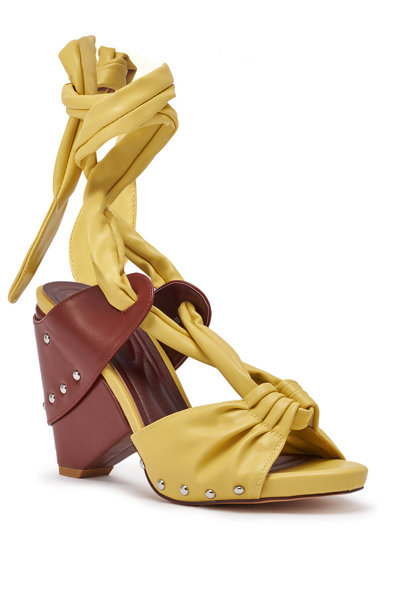 AZALEA WANG ARUBA YELLOW BLOCK HEEL TIE UP SANDAL
