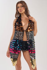 SHAKE IT GIRL CROCHET SEQUIN TOP IN BLACK
