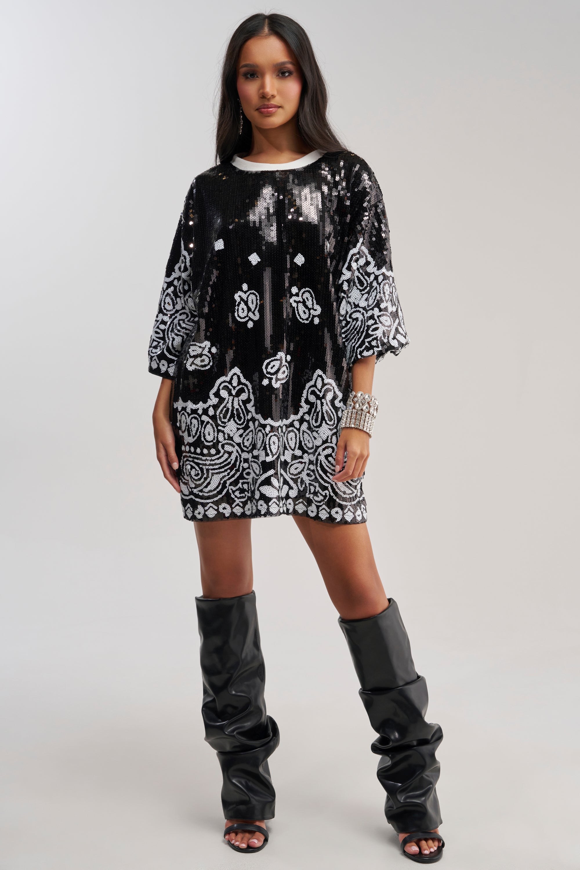 BOUJEE BANDANA SEQUIN MINI DRESS IN BLACK