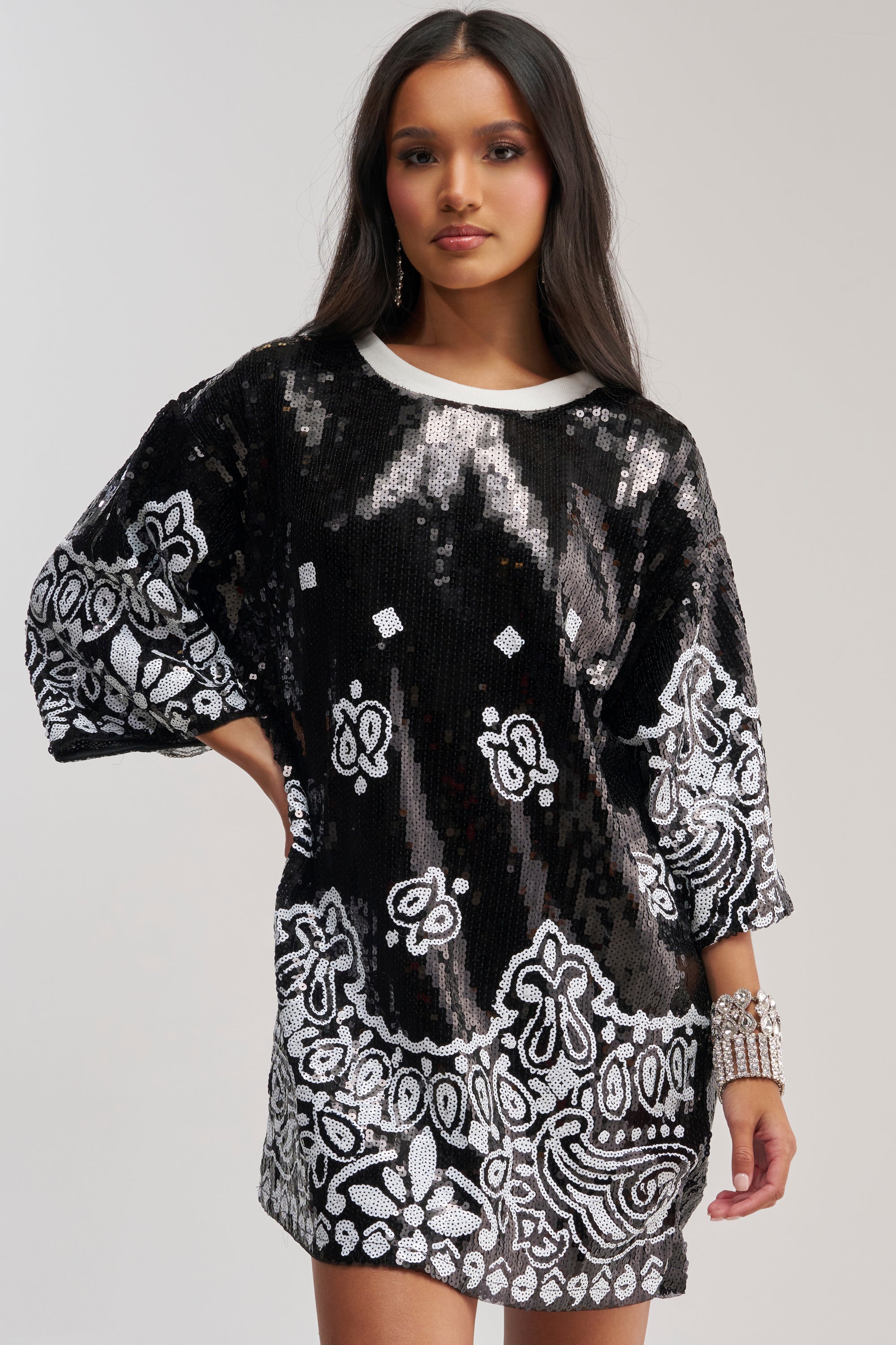 BOUJEE BANDANA SEQUIN MINI DRESS IN BLACK